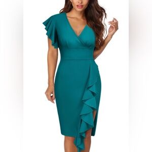 NWT Knite Women’s Deep V-Neck Ruffle Sleeves Cocktail Party Pencil Dress 12/14